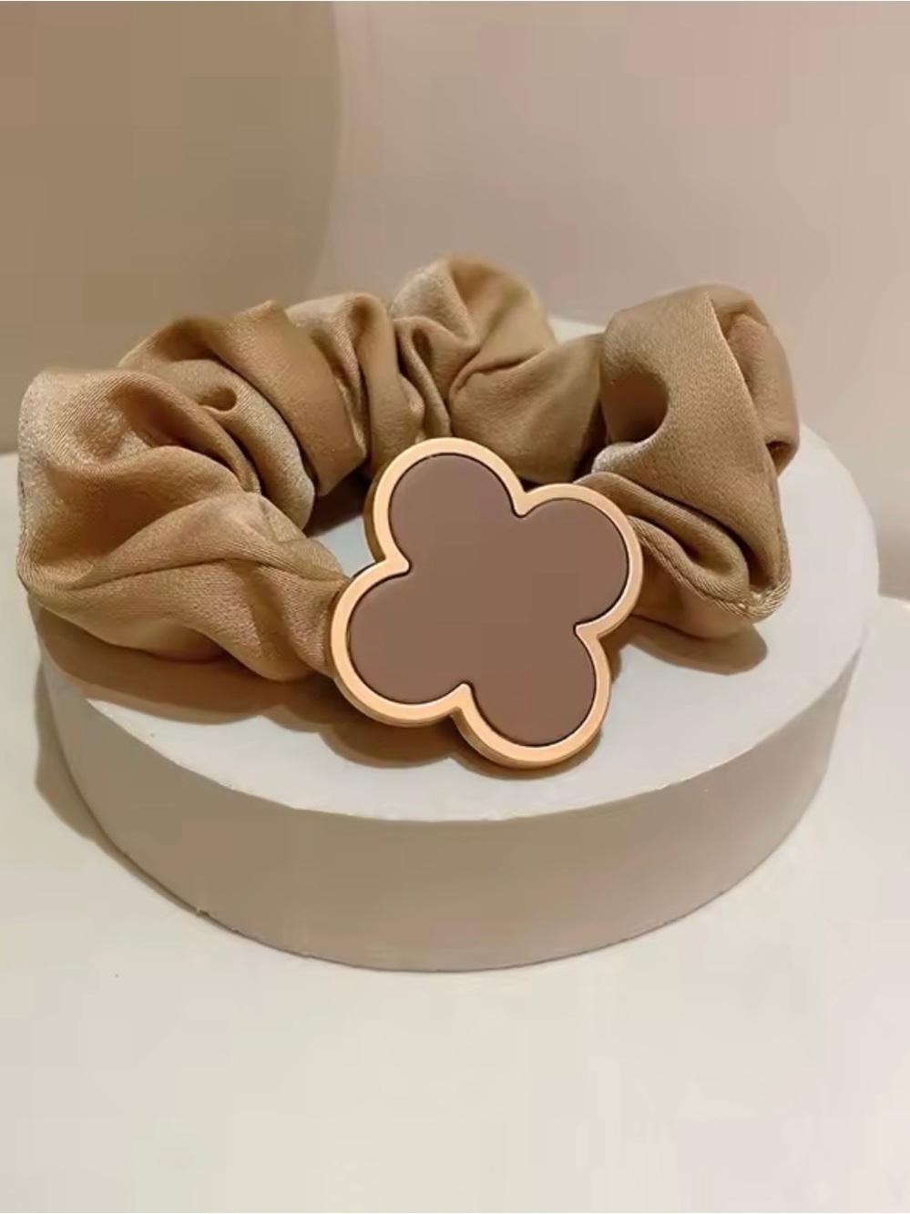 Luxury Neutral Brown Clover Accent Scrunchie - Women Accessories Ponytail NWOT